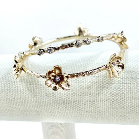 Set of 2 - Shiny Textured Gold Tone Flower & Jeweled Bangle Bracelets - Picture 3 of 7